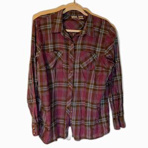 LL Bean Shirt L Purple Green Plaid Cotton Button Up Granola Girl Casual